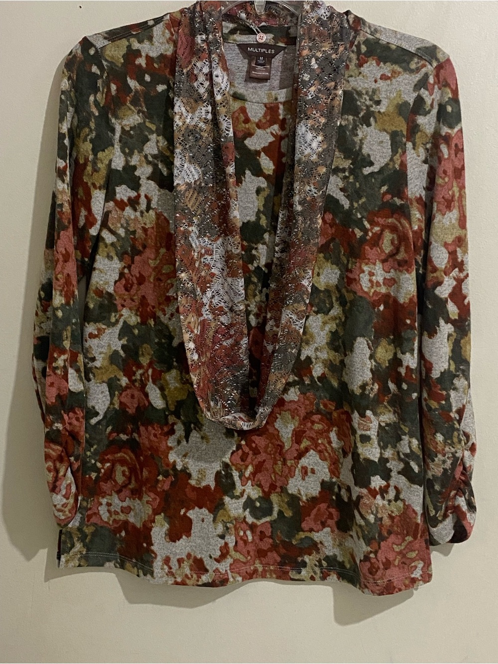 Multiples with Scarf Floral Cowl Neck Tunic in Olive, Rust & Cream Fall Color